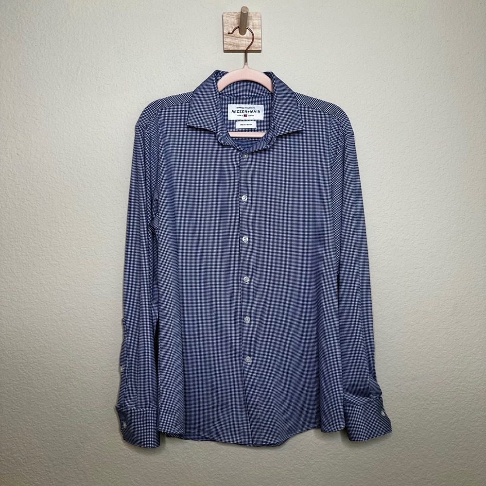 Mizzen+Main Spinnaker Navy White Micro Check Performance Shirt Medium Trim Fit